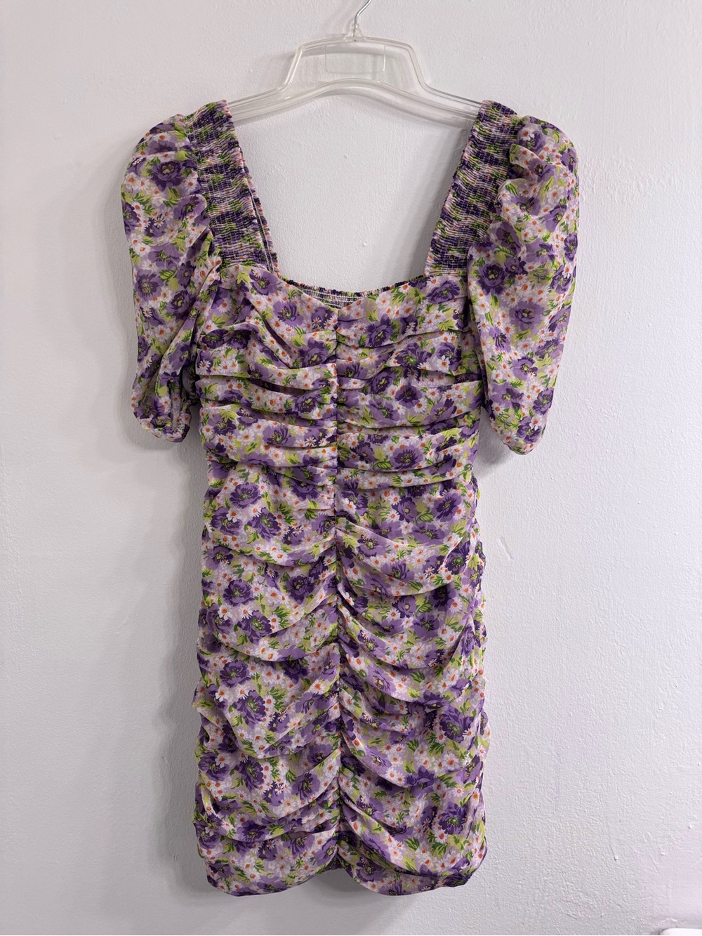 Zara Purple Floral Ruched Puff-Sleeve Mini Dress